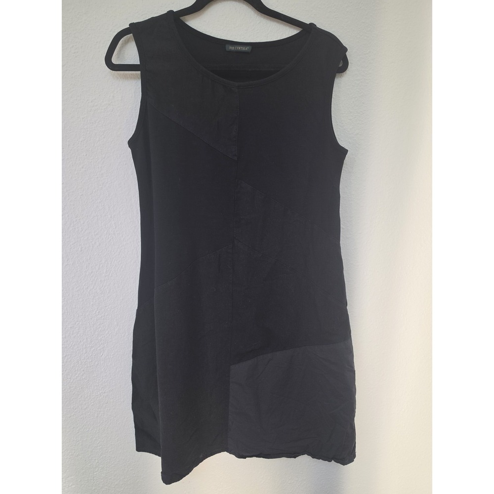 For Cynthia Sleeveless Mini Dress Black Patchwork Round Neck Shift Minimalist